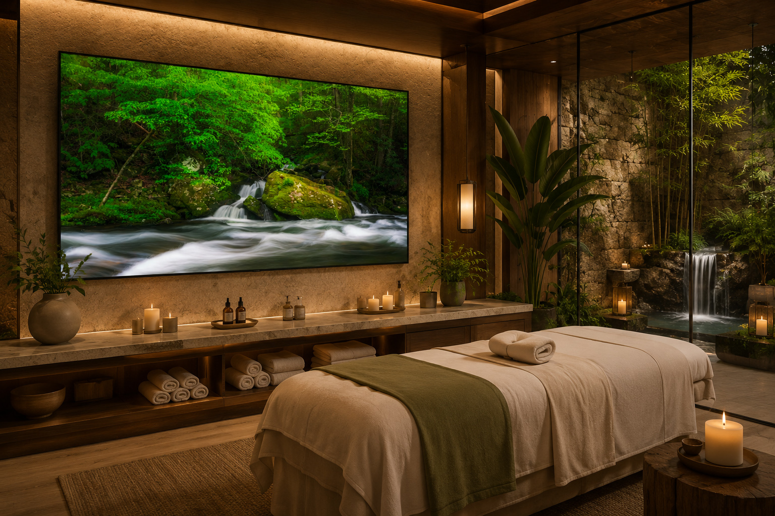 Luxury spa massage room with immersive waterfall photography by Dan Sproul